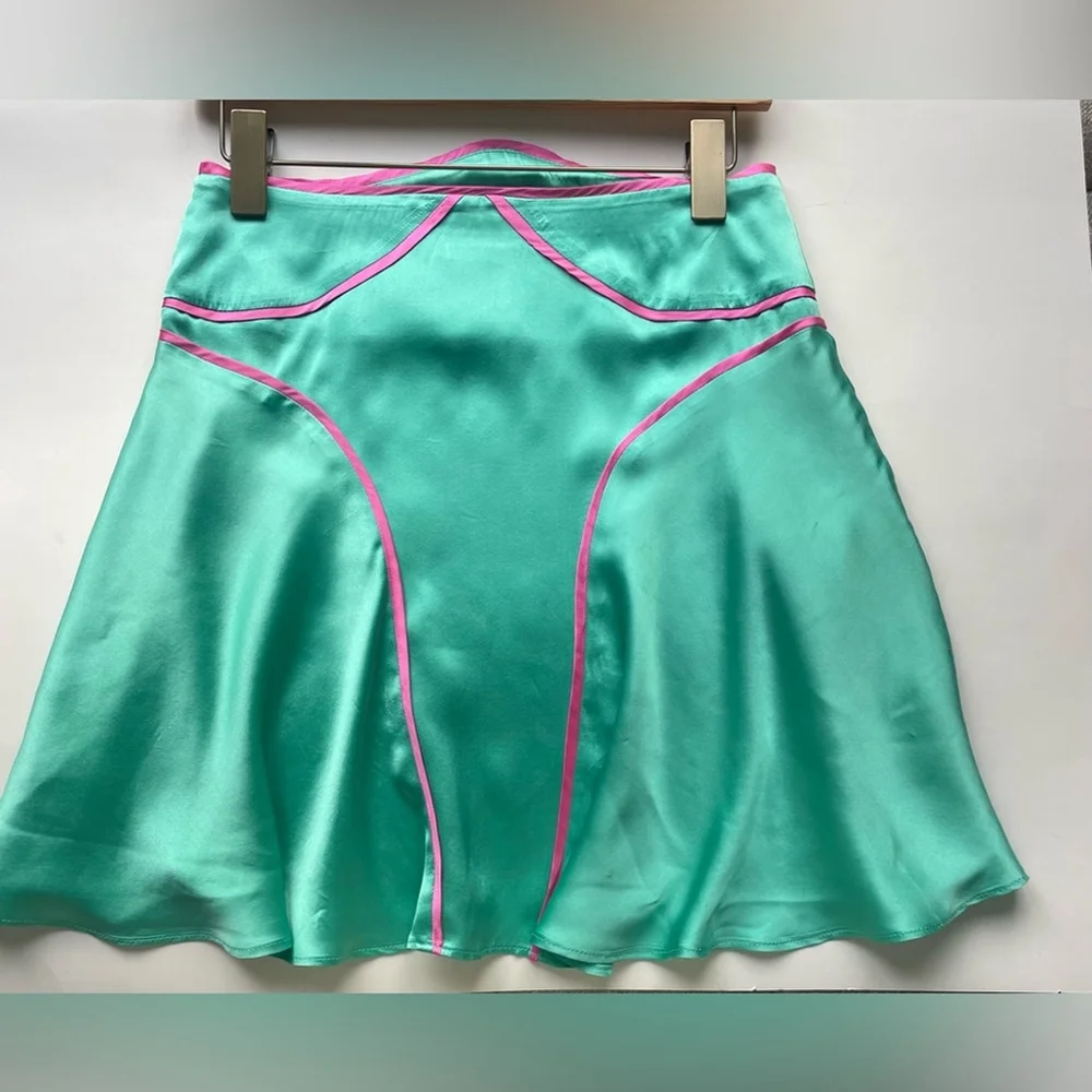 melt london Silk Flared Mini Skirt Teal & Pink Contrast Trim Y2K Tenniscore